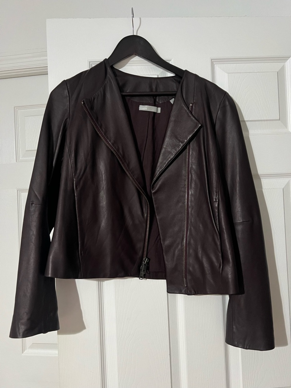 Vince Burgundy Leather Asymmetrical Moto Jacket cotton lining